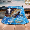 Maxcorners Fishing Faith Cross Blue Wave Personalized Name 3D Bucket Hat (12 Fish Species)