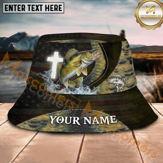 Maxcorners Fishing Patriotic Cross Scale Splash Personalized Name 3D Bucket Hat (12 Fish Species)
