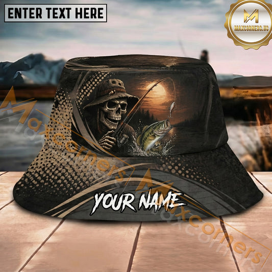 Maxcorners Fishing Skeleton Angler Vintage Sunset Personalized Name 3D Bucket Hat (12 Fish Species)