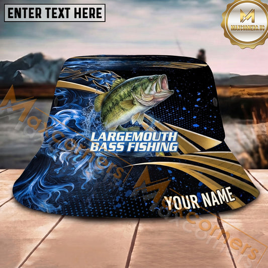 Maxcorners Fishing Blue Smoke Gold Streak Personalized Name 3D Bucket Hat (12 Fish Species)