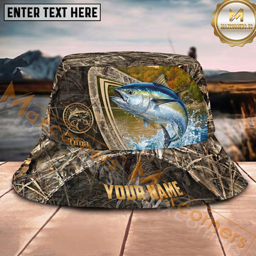 Maxcorners Fishing Rustic Camo Lake Shield Personalized Name 3D Bucket Hat (12 Fish Species)