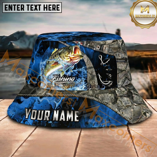 Maxcorners Fishing Blue Marble Hook Graphic Personalized Name 3D Bucket Hat (12 Fish Species)