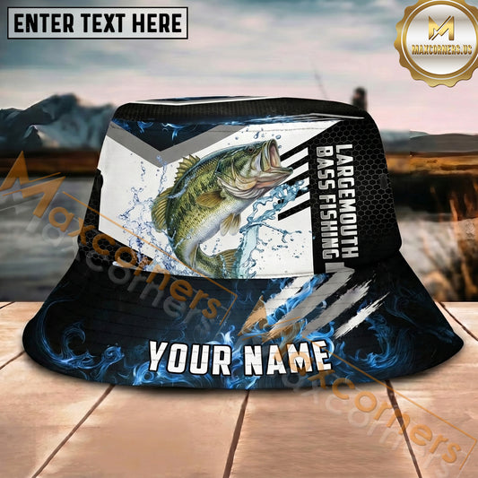 Maxcorners Fishing Blue Flame Splash Graphic Personalized Name 3D Bucket Hat (12 Fish Species)