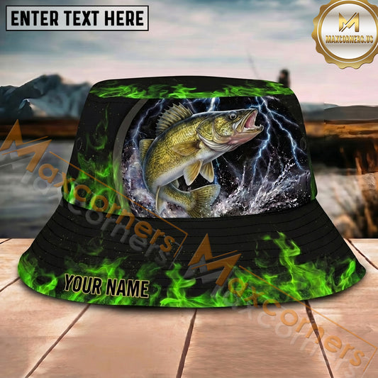 Maxcorners Fishing Green Lightning Flame Storm Personalized Name 3D Bucket Hat (12 Fish Species)
