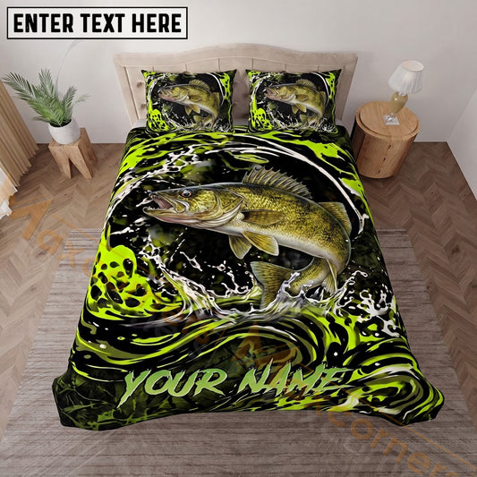 Maxcorners Fishing Neon Green Splash Personalized Name Unisex 3D Bedding Set