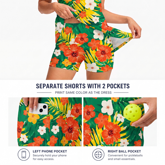 Maxcorners Pickleball Sleeveless Zipper Sports Dress Set Tropical Hibiscus Floral Pattern