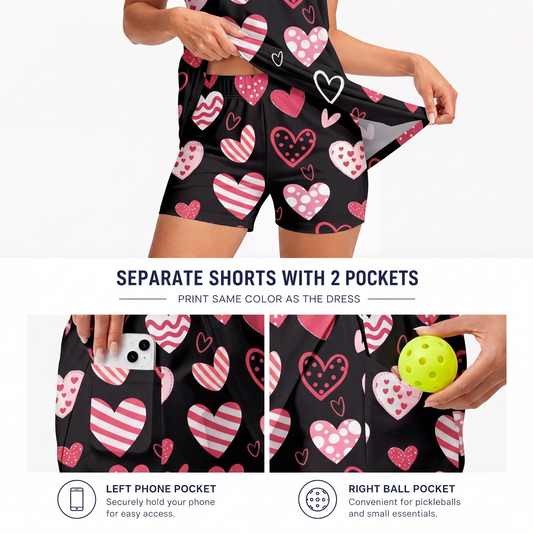 Maxcorners Pickleball Sleeveless Zipper Sports Dress Set Pink Heart Valentine Pattern