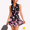 Maxcorners Pickleball Sleeveless Zipper Sports Dress Set Pink Cherry Blossom Pattern