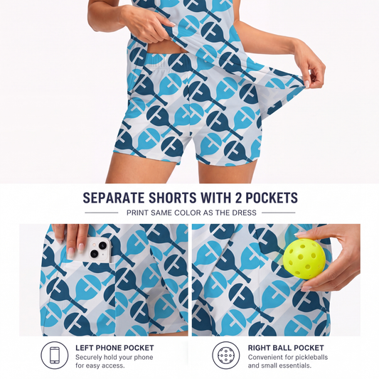 Maxcorners Pickleball Sleeveless Zipper Sports Dress Set Blue Paddle Pattern
