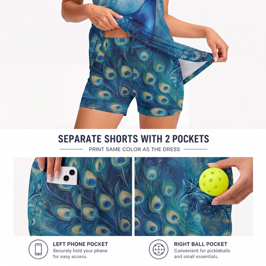 Maxcorners Pickleball Sleeveless Zipper Sports Dress Set Elegant Blue Peacock Art