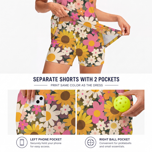 Maxcorners Pickleball Sleeveless Zipper Sports Dress Set Vintage Daisy Sunflower Floral