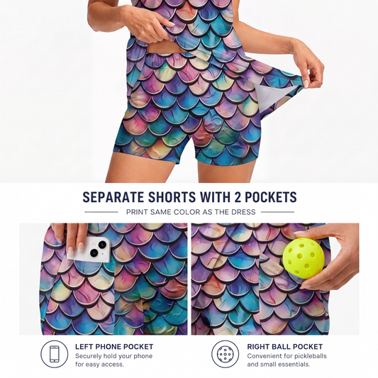 Maxcorners Pickleball Sleeveless Zipper Sports Dress Set Iridescent Mermaid Scale Print