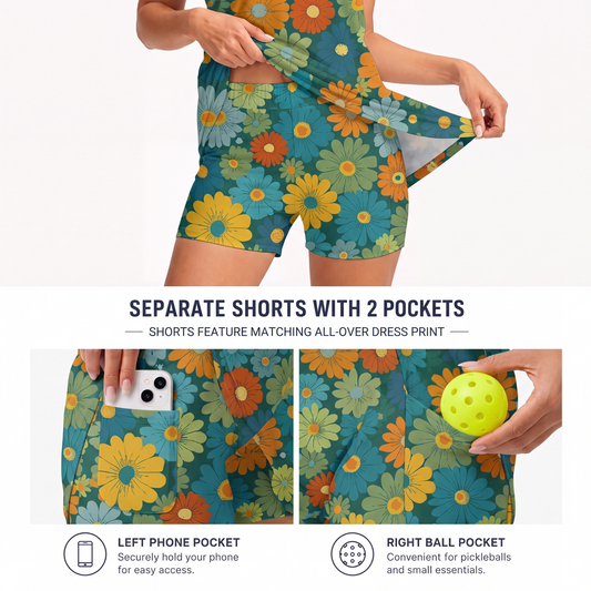 Maxcorners Pickleball Sleeveless Zipper Sports Dress Set Teal Wildflower Garden Print