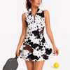 Maxcorners Pickleball Sleeveless Zipper Sports Dress Set Cow Print Western Style