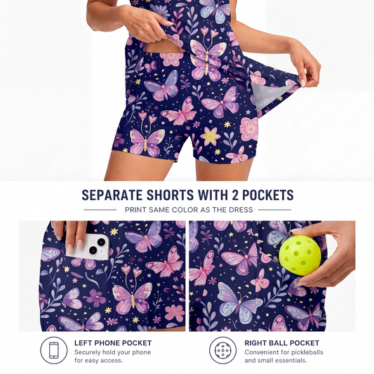 Maxcorners Pickleball Sleeveless Zipper Sports Dress Set Purple Butterfly Floral Night Sky Print