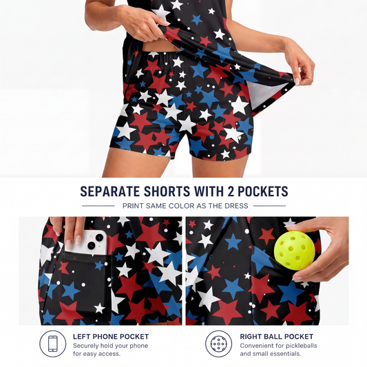 Maxcorners Pickleball Sleeveless Zipper Sports Dress Set Red White Blue Star Pattern