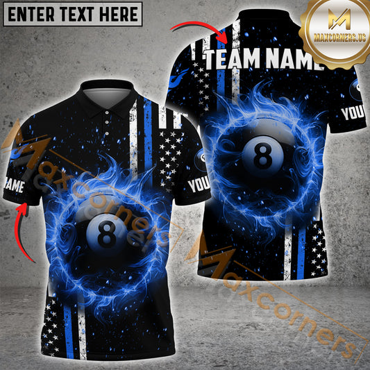 Maxcorners Billiard Fire 8 Ball American Flag Multicolor Options Personalized Name, Team Name 3D Polo Shirt (4 Colors)