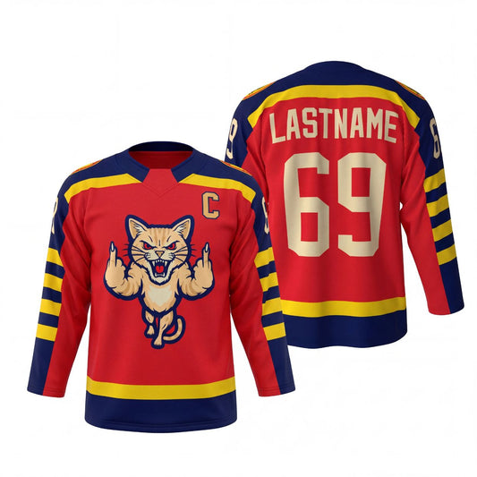 Maxcorners Wild Cat Retro Mascot Personalized Name 3D Printed Round Neck Hockey Jersey