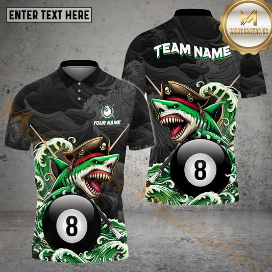 Maxcorners Billiard Ball 8 Wave Shark Pirate Multicolor Options Personalized Name, Team Name 3D Polo Shirt (4 Colors)