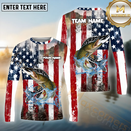 Maxcorners Pike Fishing Freedom Strike Pattern Sport Jersey Personalized Name, Team Name Long Sleeve Shirt