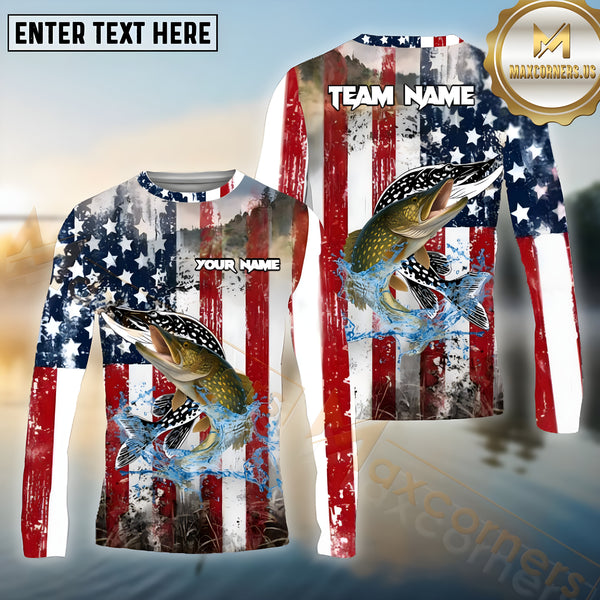 Maxcorners Pike Fishing Freedom Strike Pattern Sport Jersey Personalized Name, Team Name Long Sleeve Shirt