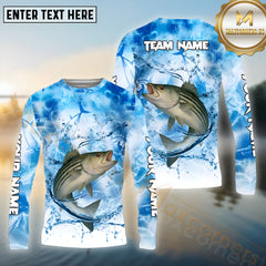 Maxcorners Striped Bass Fishing Blue Fire Sea Effect Pattern Sport Jersey Personalized Name, Team Name Long Sleeve Shirt