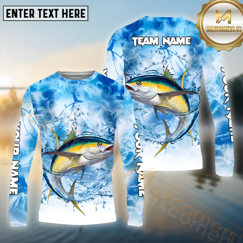 Maxcorners Tuna Fishing Blue Fire Sea Effect Pattern Sport Jersey Personalized Name, Team Name Long Sleeve Shirt