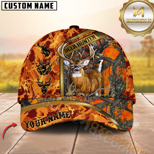 Maxcorners Deer Hunting 3D Buck Orange Camouflage Golden Line Design Personalized Name 3D Cap (4 colors)