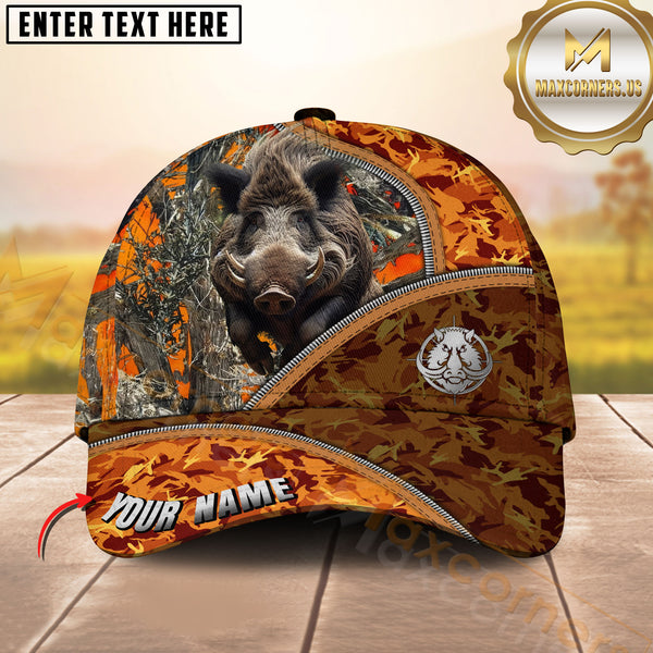 Maxcorners Hunting Orange Camo Zipper Style 3D Personalized Name 3D Cap (Deer/Moose/Boar/Bear)