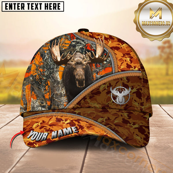 Maxcorners Hunting Orange Camo Zipper Style 3D Personalized Name 3D Cap (Deer/Moose/Boar/Bear)