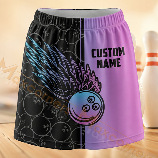 Maxcorners Bowling Blue Feather Personalized 3D Skort, Skirts With Shorts
