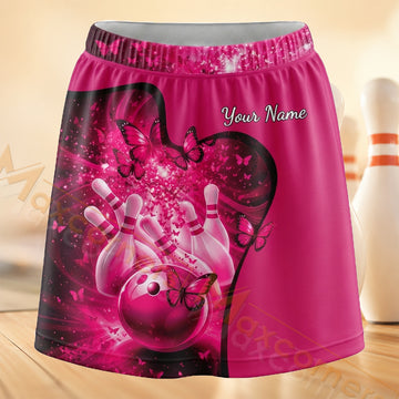 Maxcorners Bowling Pink Floral Sparkle Personalized 3D Skort, Skirts With Shorts