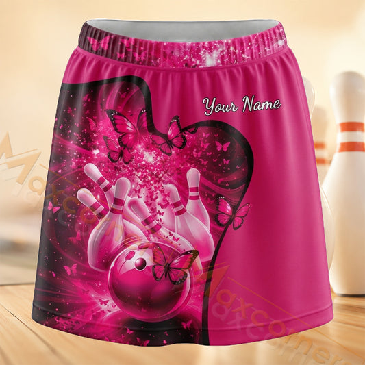 Maxcorners Bowling Pink Floral Sparkle Personalized 3D Skort, Skirts With Shorts
