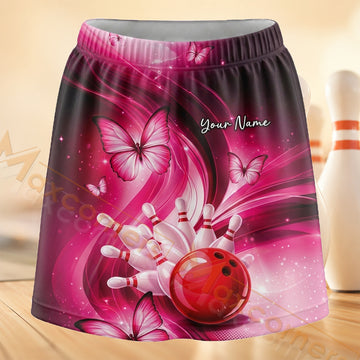 Maxcorners Bowling Pink Hibiscus Personalized 3D Skort, Skirts With Shorts