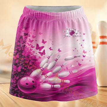 Maxcorners Bowling Pink Butterfly Splash Personalized 3D Skort, Skirts With Shorts