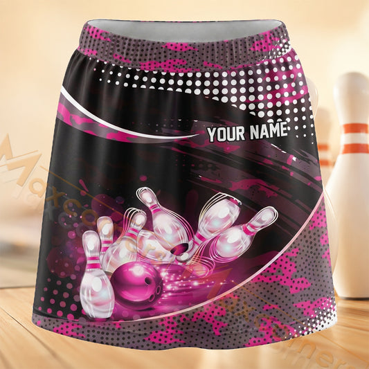 Maxcorners Bowling Pink Black Dot Strike Personalized 3D Skort, Skirts With Shorts