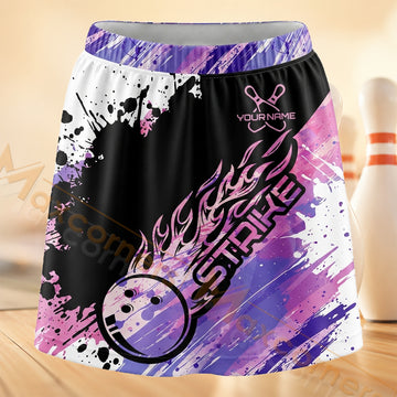 Maxcorners Bowling Pink Purple Flame Strike Personalized 3D Skort, Skirts With Shorts