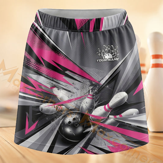 Maxcorners Bowling Pink Gray Speed Personalized 3D Skort, Skirts With Shorts