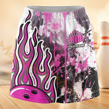 Maxcorners Bowling Pink Flame Grunge Personalized 3D Skort, Skirts With Shorts