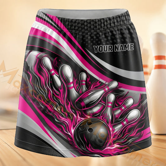 Maxcorners Bowling Pink Black Neon Strike Personalized 3D Skort, Skirts With Shorts
