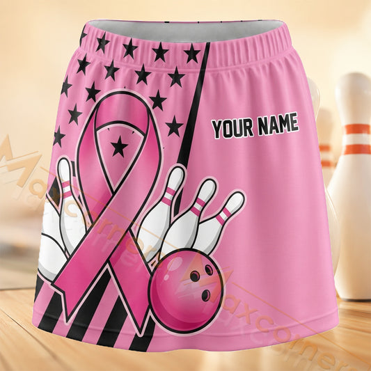 Maxcorners Bowling Pink Ribbon And Stars Personalized 3D Skort, Skirts With Shorts