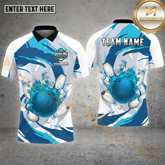 Maxcorners Bowling Ball And Pins Water Pattern Flame Bowling Premium Multicolor Option Customized Name, Team Name 3D Shirt (4 colors)