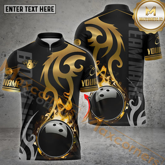 Maxcorners Bowling & Pins Flame Premium Pattern Multicolor Option Customized Name, Team Name 3D Polo Shirt (4 Colors)