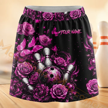 Maxcorners Bowling Purple Butterfly Rose Skull Personalized 3D Skort, Skirts With Shorts