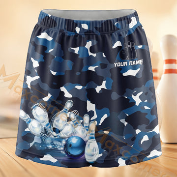 Maxcorners Bowling Blue Camo Pins Personalized 3D Skort, Skirts With Shorts