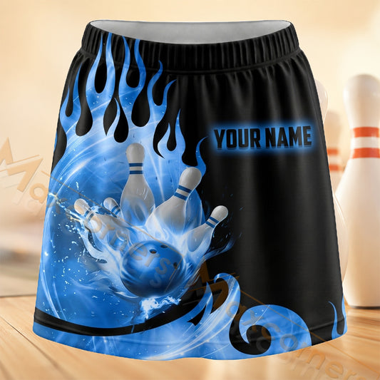Maxcorners Bowling Blue Flame Strike Personalized 3D Skort, Skirts With Shorts