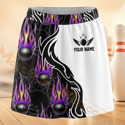 Maxcorners Bowling Purple Flame Monochrome Personalized 3D Skort, Skirts With Shorts