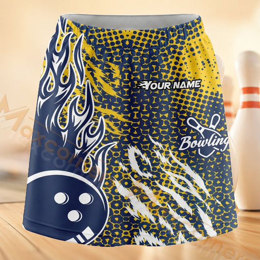 Maxcorners Bowling Blue Gold Leopard Print Personalized 3D Skort, Skirts With Shorts