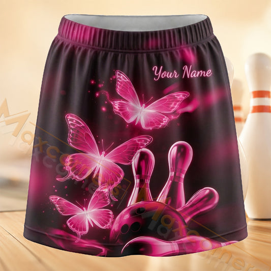 Maxcorners Bowling Pink Butterfly Pins Personalized 3D Skort, Skirts With Shorts
