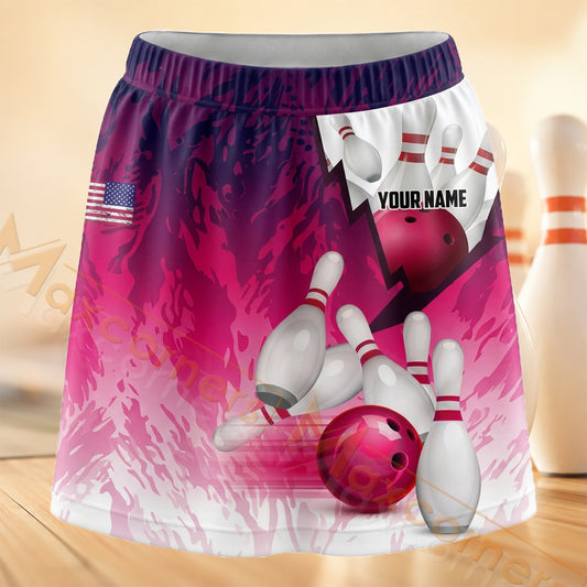 Maxcorners Bowling Magenta Watercolor Strike Personalized 3D Skort, Skirts With Shorts
